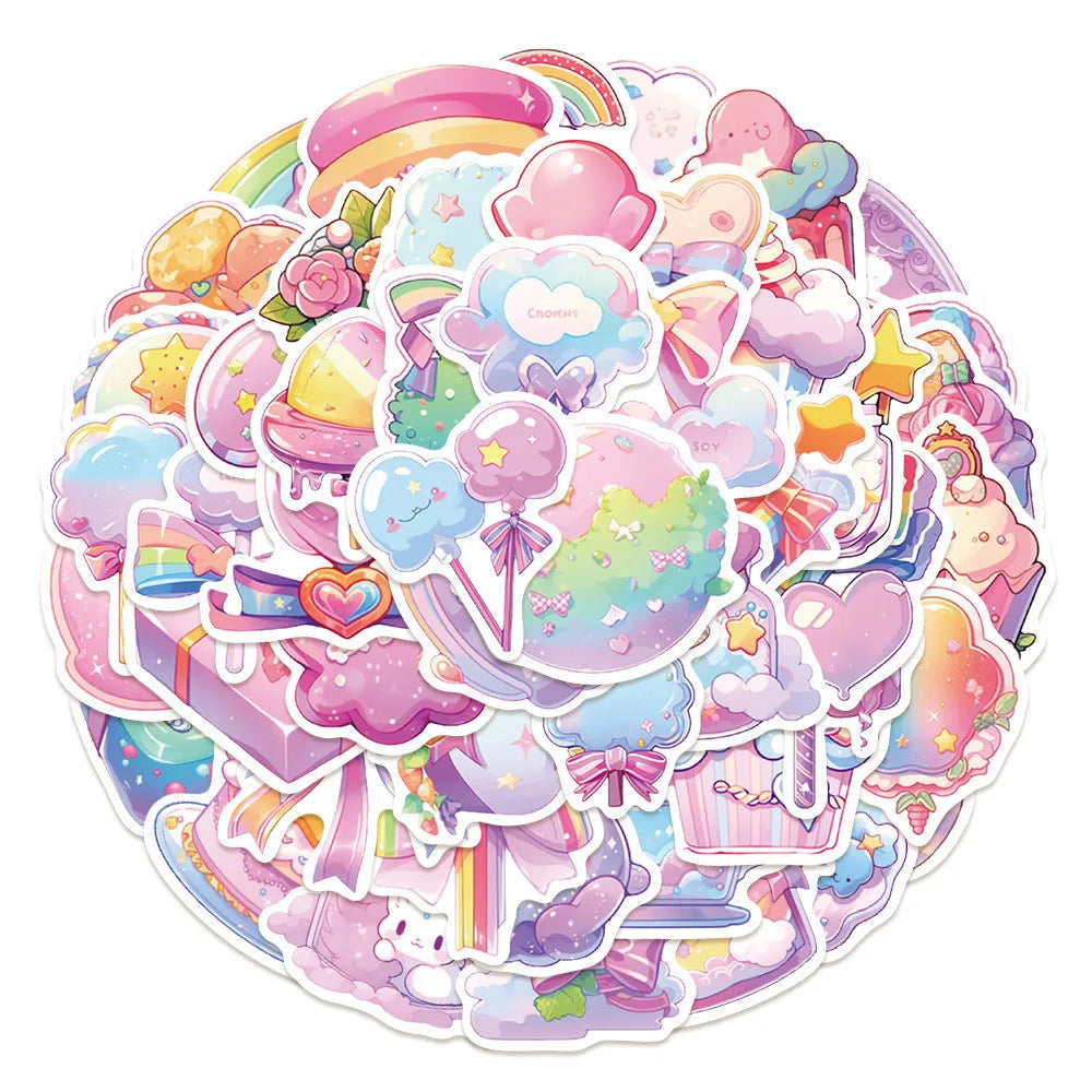 Pack of 50 colourful candy-themed waterproof decorative stickers on sheets.