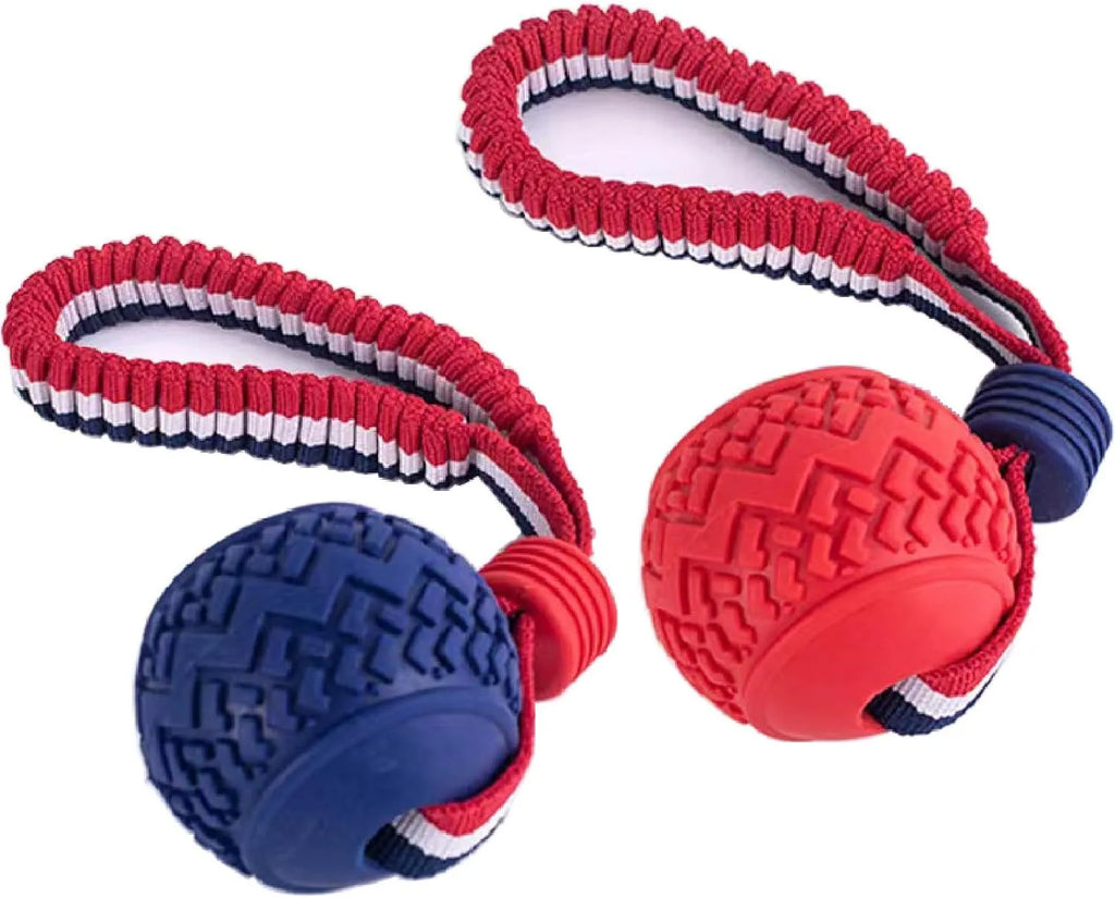 Blue natural rubber dog ball with rope attachment for small medium dogs