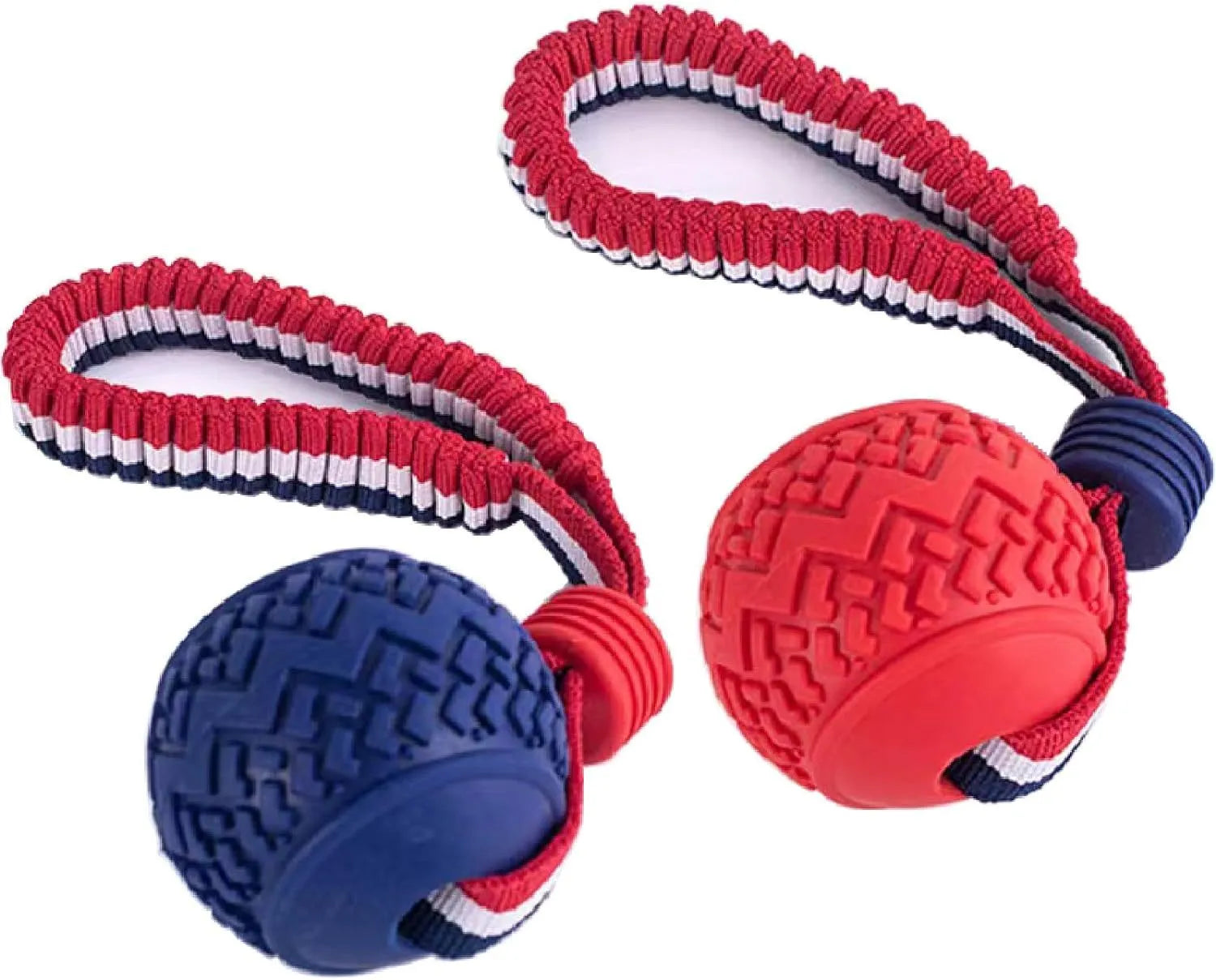 Blue natural rubber dog ball with rope attachment for small medium dogs