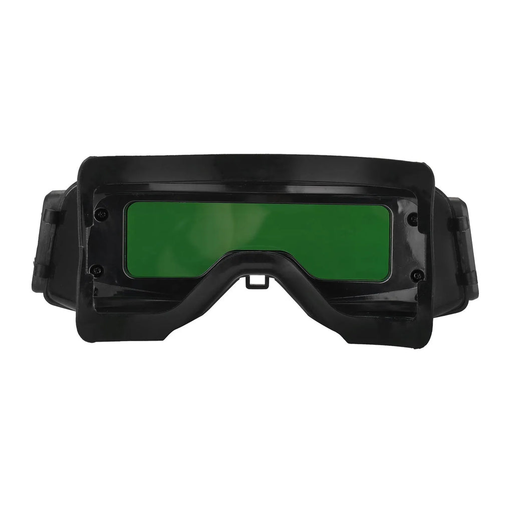 Black automatic darkening welding mask with protective headwear, showing the large rectangular viewing lens.