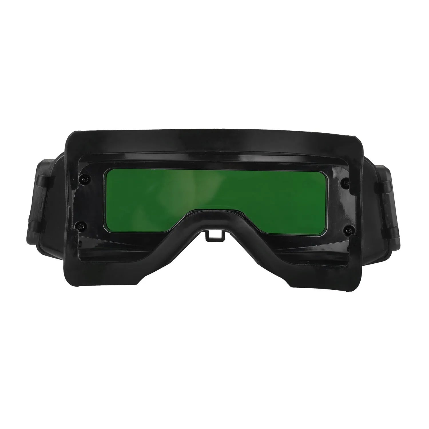 Black automatic darkening welding mask with protective headwear, showing the large rectangular viewing lens.