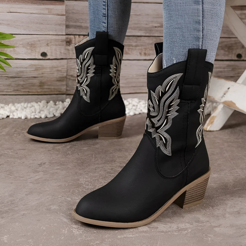 V cut embroidered suede women's boots in camel colour with mid heel and pointed toe