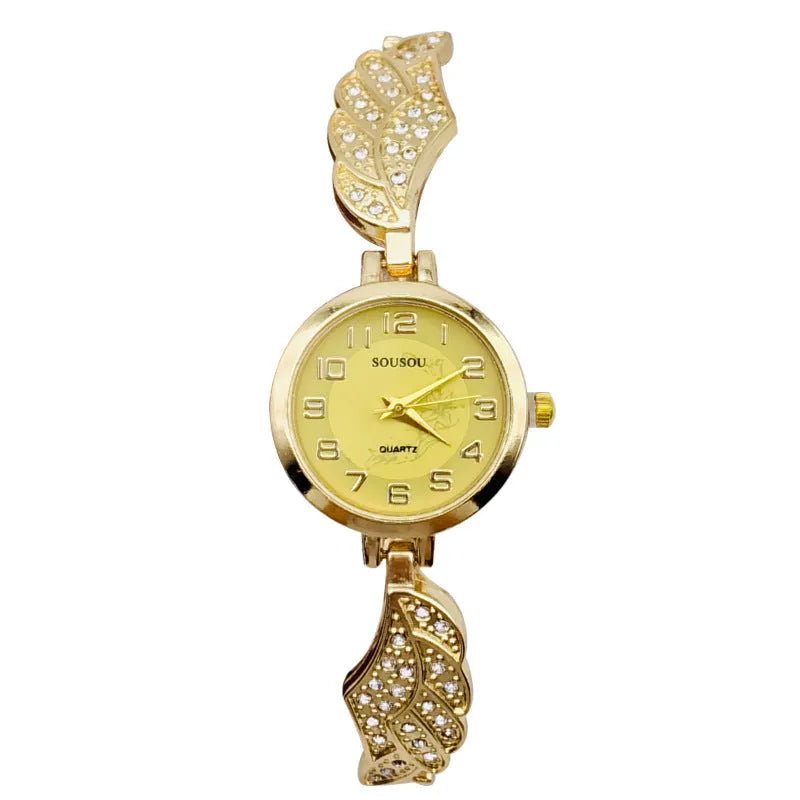 Women's stainless steel fashion watch with round dial showing gold surface option