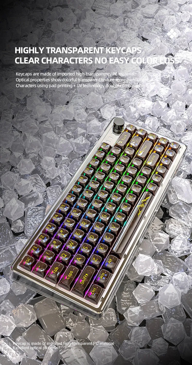 Attack Shark K75RGB wireless mechanical keyboard with transparent white case and RGB backlighting on a desk.
