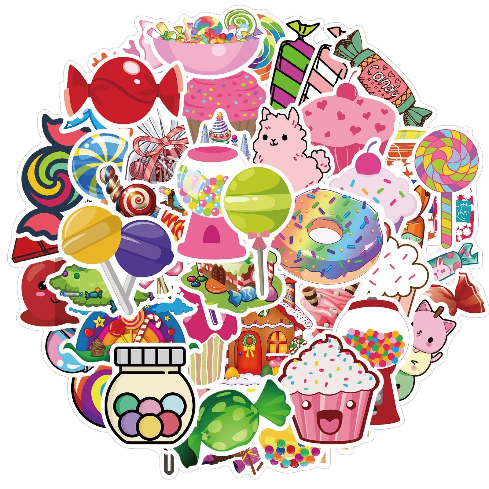 Colourful candy graffiti sticker sheets with cartoon designs measuring 4-6cm