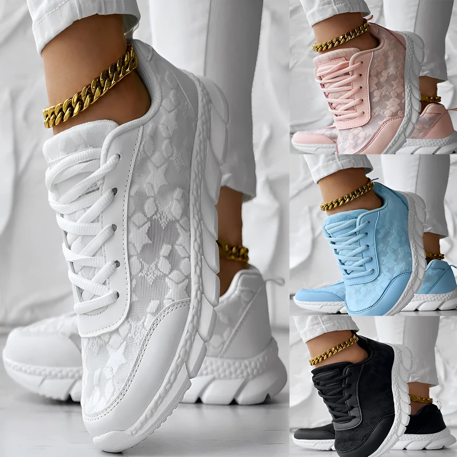 Women's white canvas running shoes with a flat sole and round toe on a neutral background.