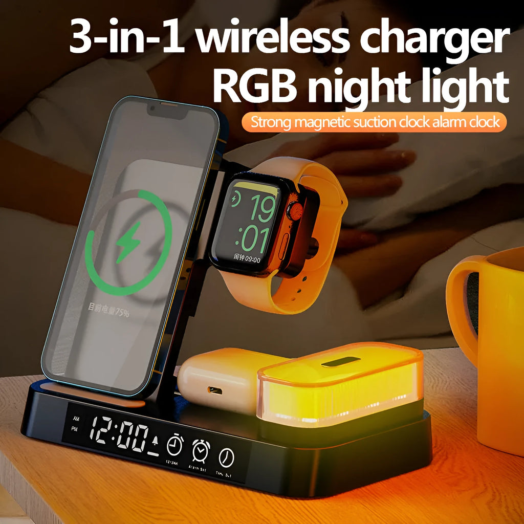White 4-in-1 multifunction wireless charger station with foldable stand, alarm clock display, and RGB night light.