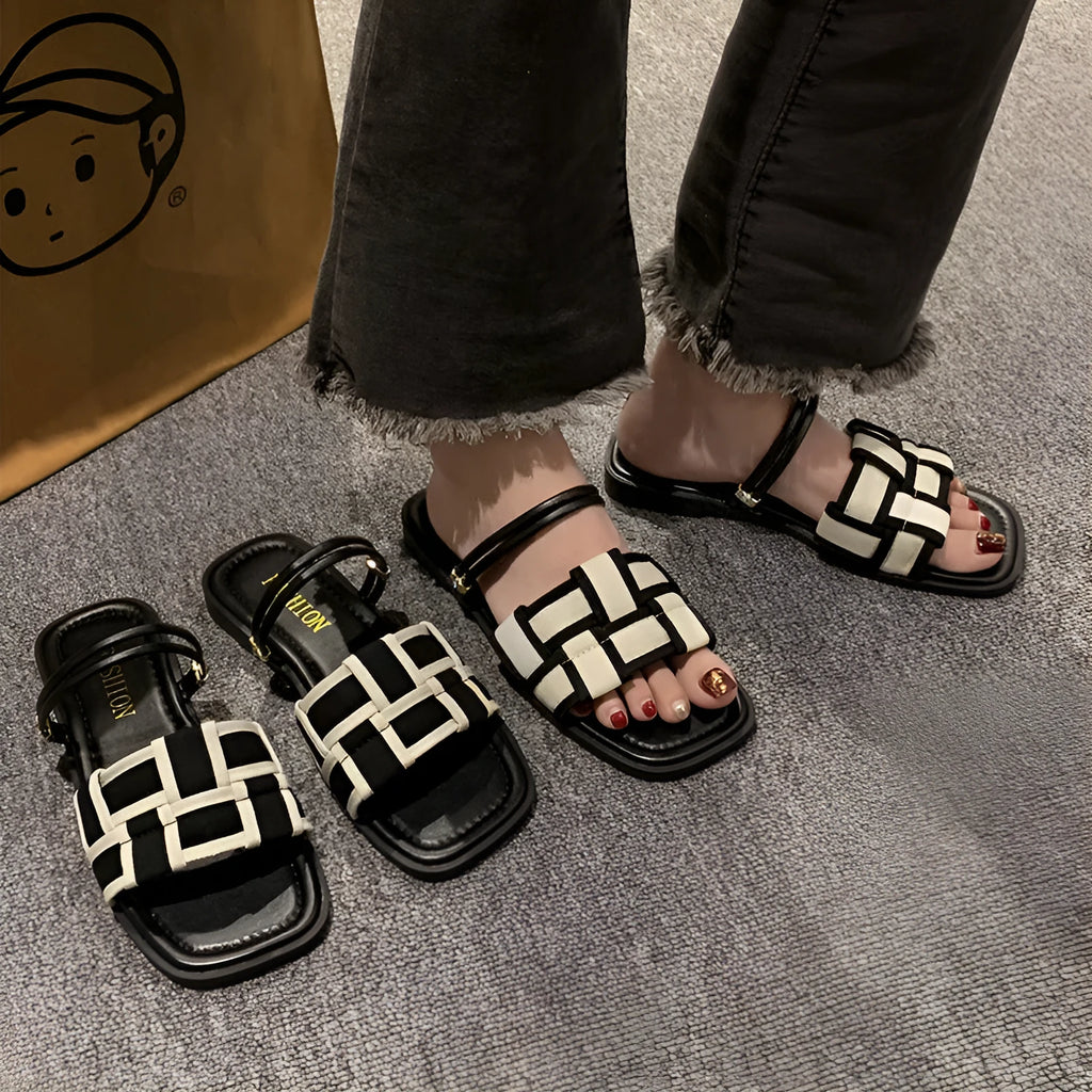 Women's square toe canvas check pattern flat sandals in beige with frosted finish, rubber sole, and leather lining