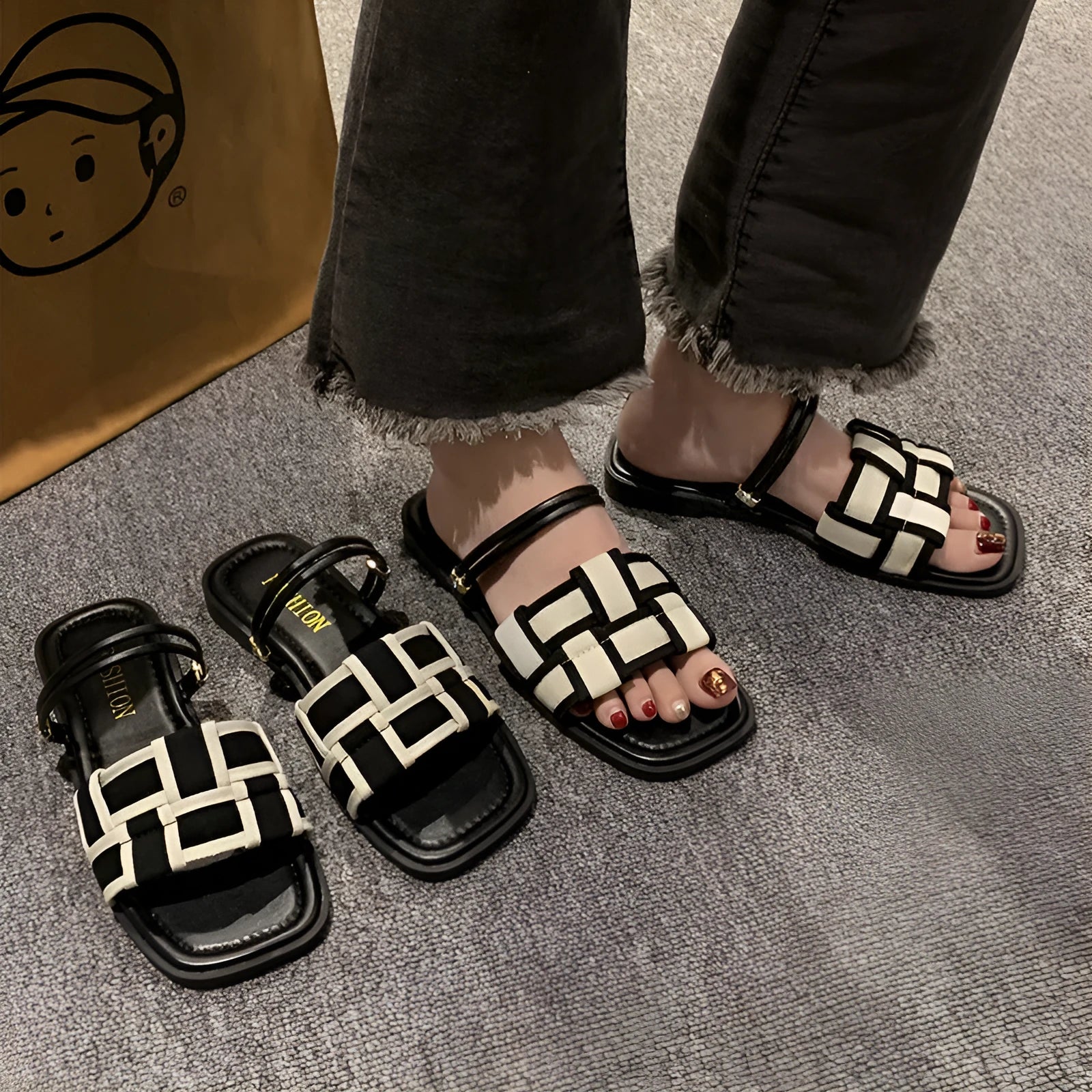 Women's square toe canvas check pattern flat sandals in beige with frosted finish, rubber sole, and leather lining