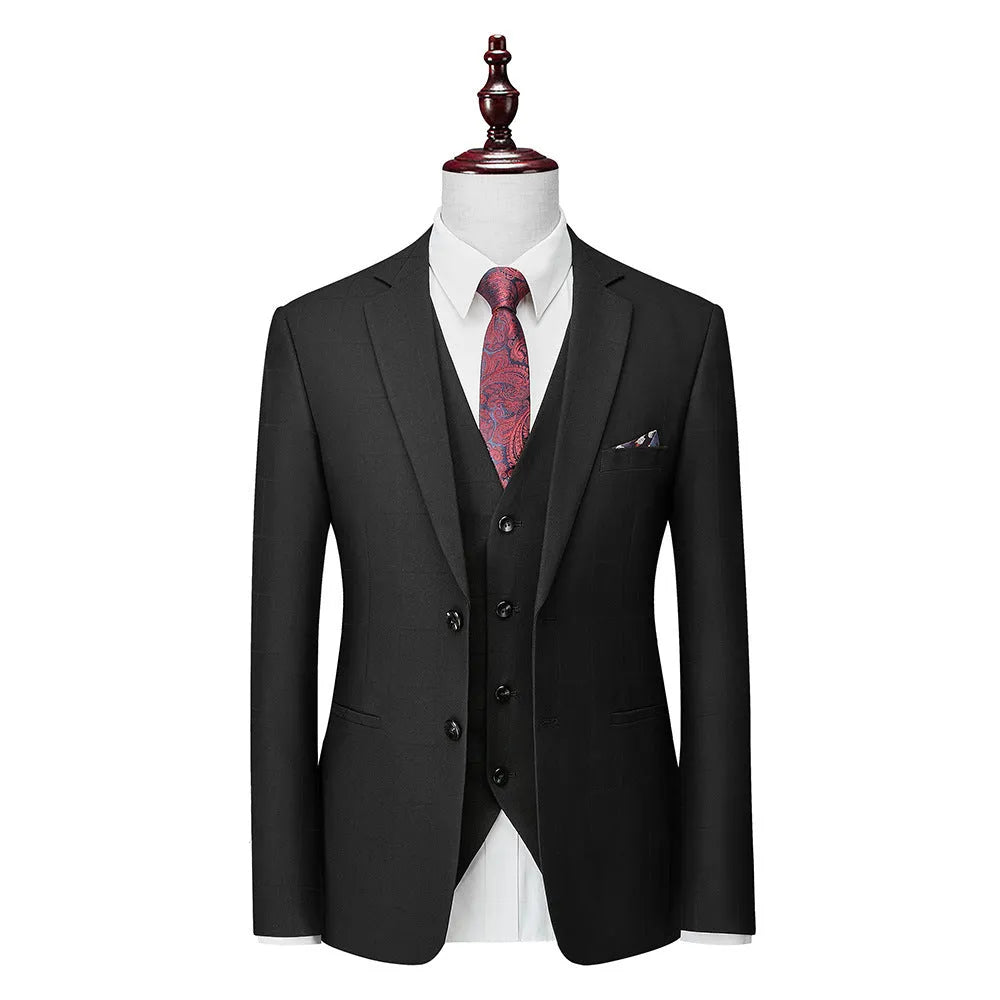 Men's navy blue plaid slim fit three-piece cotton blend suit with jacket, vest and trousers