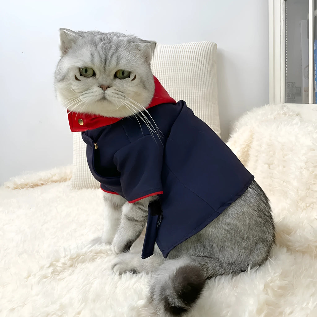 A dog or cat wearing a hoodie photo prop in a tiger staff pattern design.