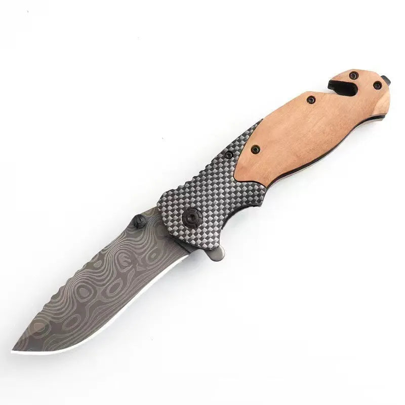 Outdoor Moonlight folding camping knife with laser Damascus pattern stainless steel blade and sandalwood handle