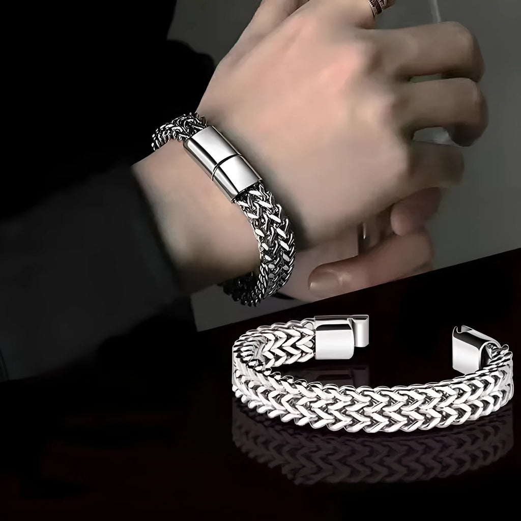 Geometric stainless steel bracelet showing front and back design in silver finish