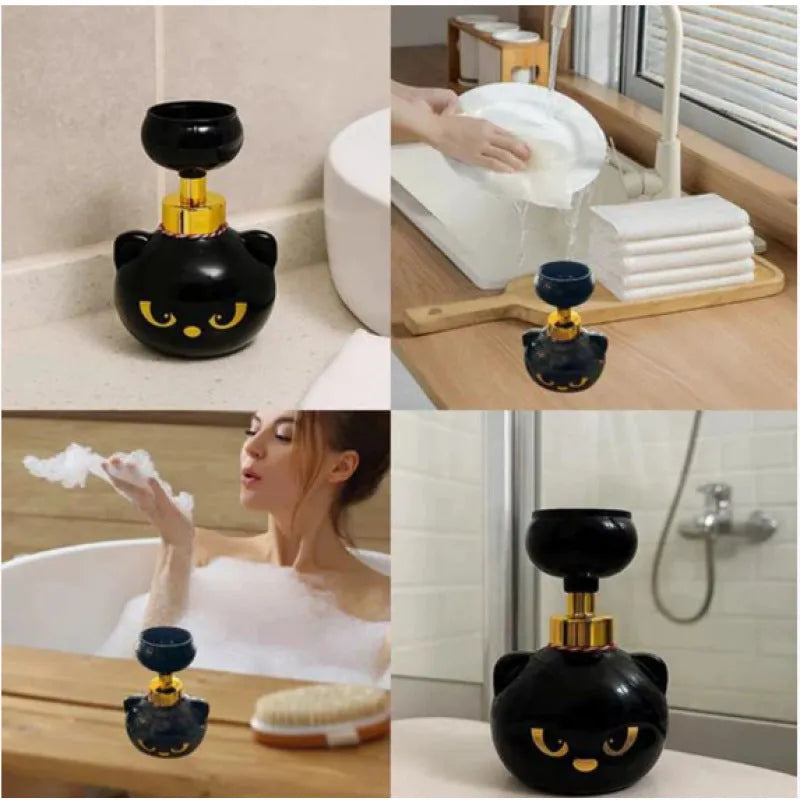 Black plastic cartoon cat-shaped automatic foam soap dispenser, dimensions 10x10x18cm.