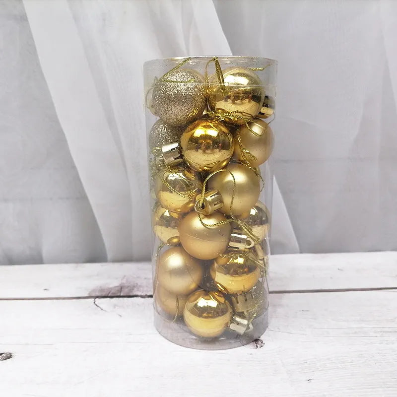 Assortment of 3cm diameter plastic Christmas balls in gold, red, silver, blue and other colours with electroplated finish