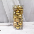 Assortment of 3cm diameter plastic Christmas balls in gold, red, silver, blue and other colours with electroplated finish
