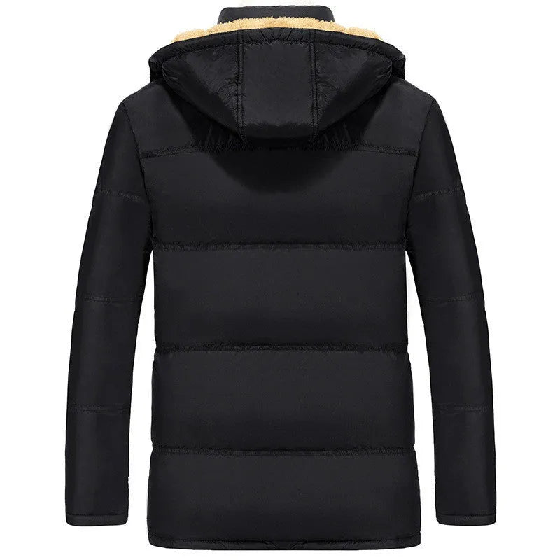 Men's black velvet-padded winter jacket with hood and double-breasted placket in loose fit