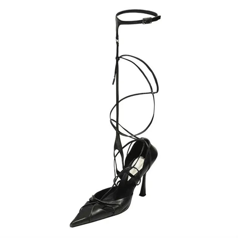 Black super fibre buckle high heel strap sandals for women