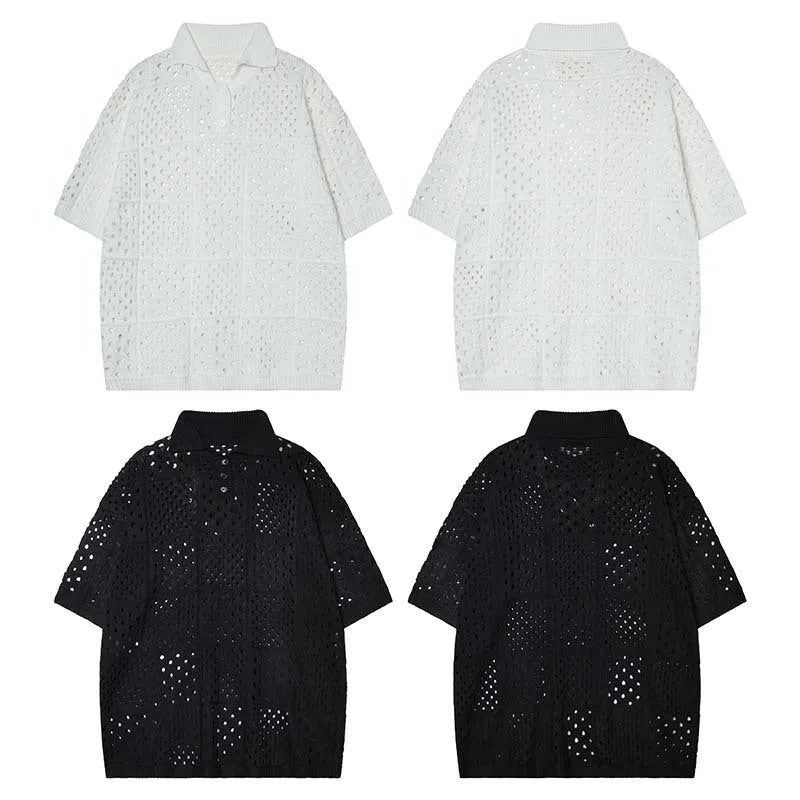 A teenage model wearing a solid black loose-fit knitted polo shirt, short-sleeved cardigan style.