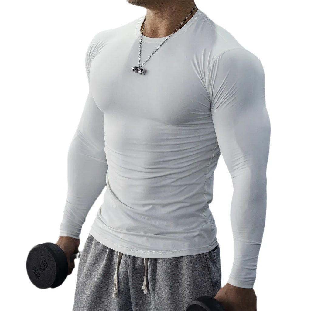 Men's black slim-fit long sleeve fitness tights made from quick-dry fabric for exercise.