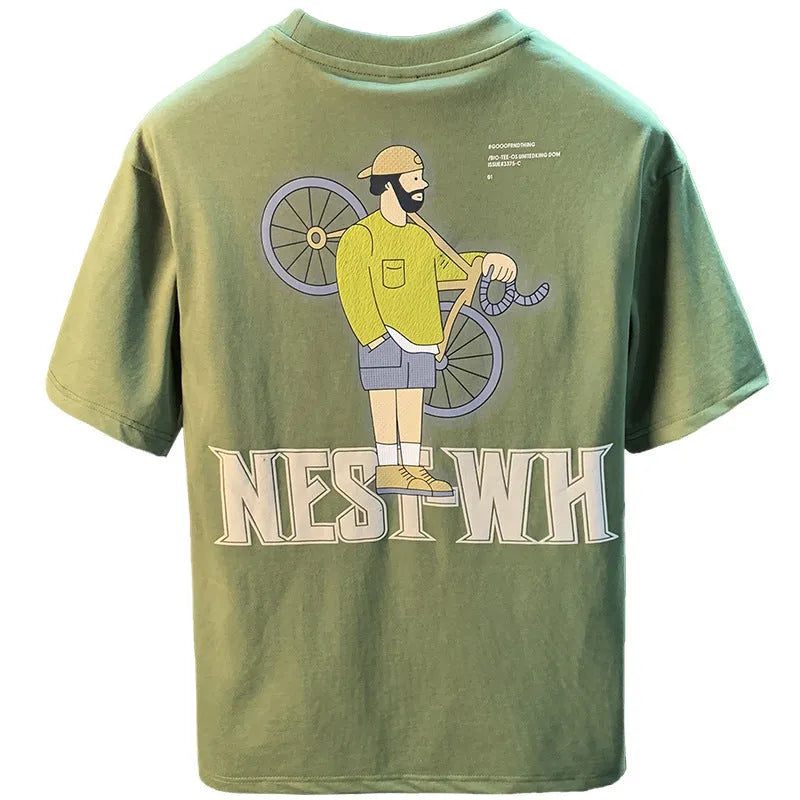Green men's loose fit t-shirt with literary youth print, short sleeves, sizes M to 4XL