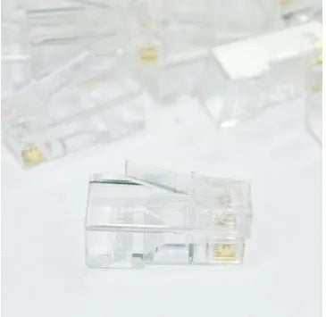 White RJ45 modular plug with three-fork gold-plated contacts for Ethernet cable termination