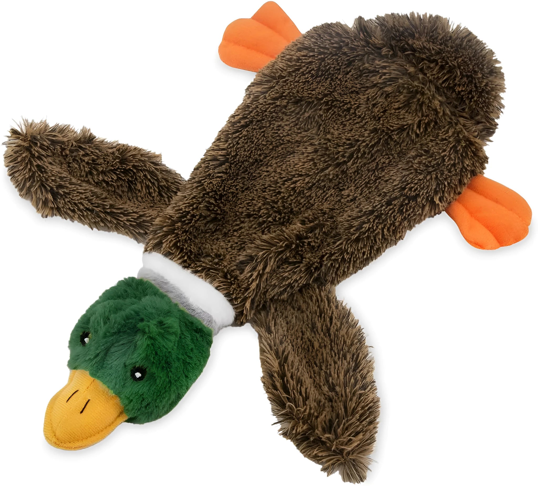 Green wild duck design stuffless squeaky dog toy with fabric plush material.