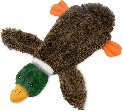 Green wild duck design stuffless squeaky dog toy with fabric plush material.