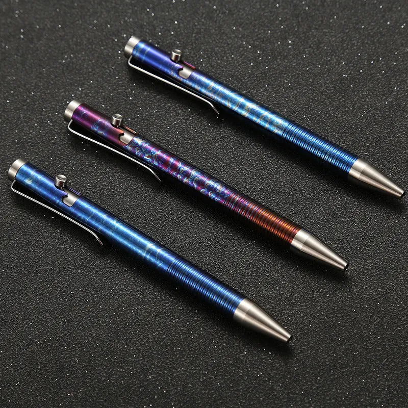 Titanium alloy gun bolt handle ballpoint pen with phantom colour finish showing knurled grip texture