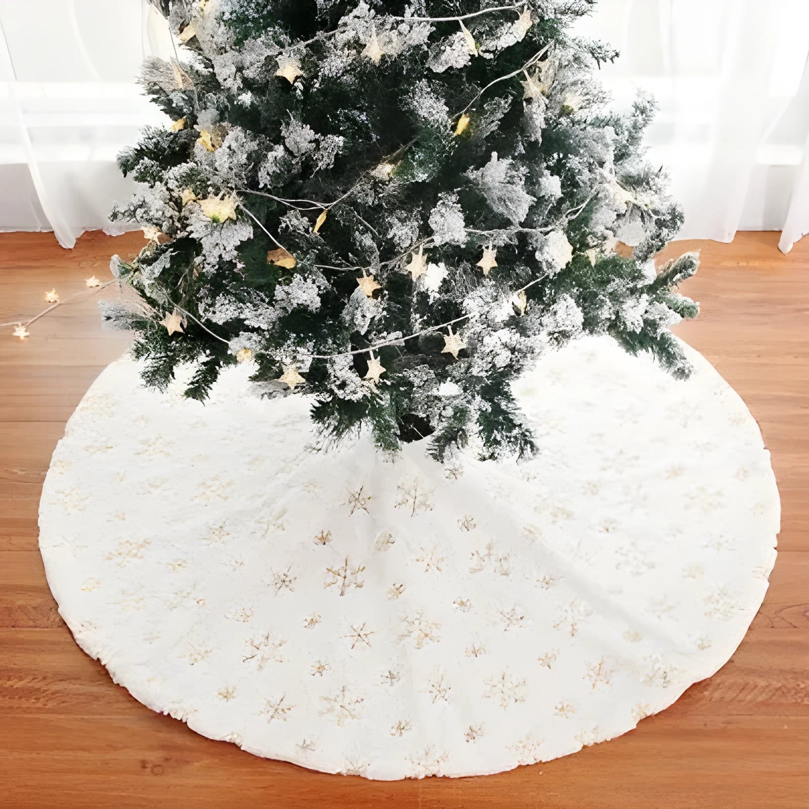 Christmas tree skirt with silver sequin embroidery Christmas tree design on white background