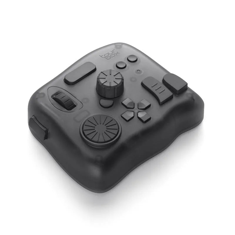 TourBox NEO custom auxiliary keyboard for video editing, showing black finish and compact tablet design.