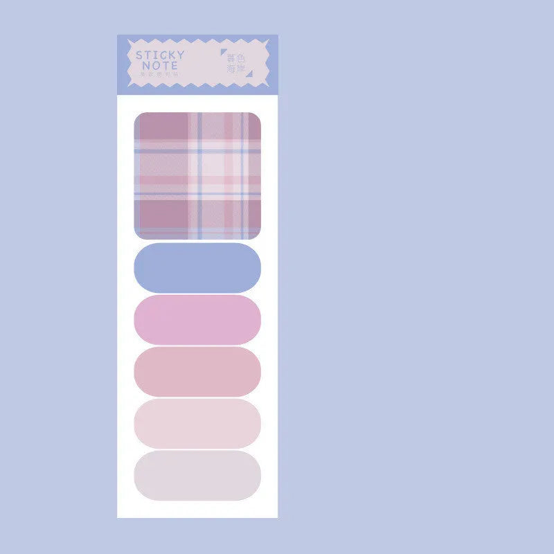 Colourful sticky note memo pad with six designs showing Spring Garden, Twilight Coast, and Blueberry Night colour options