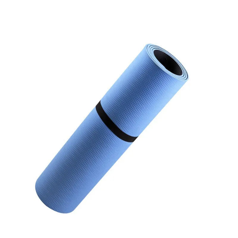 Blue conductive yoga mat with plants and flowers pattern, measuring 182x61cm with grounding wire