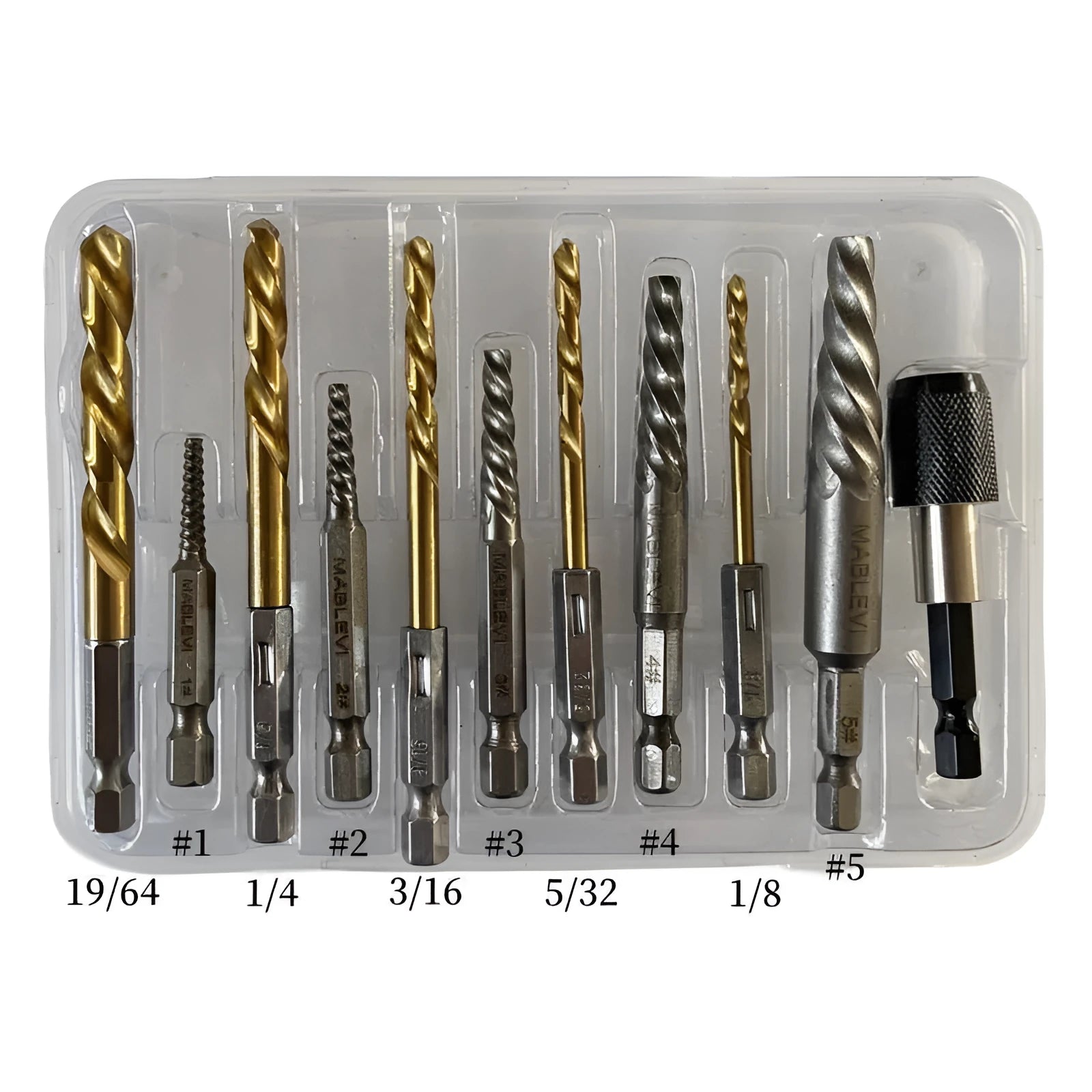 Silver household hexagonal handle screw extractor suit 12 pieces on a wooden surface