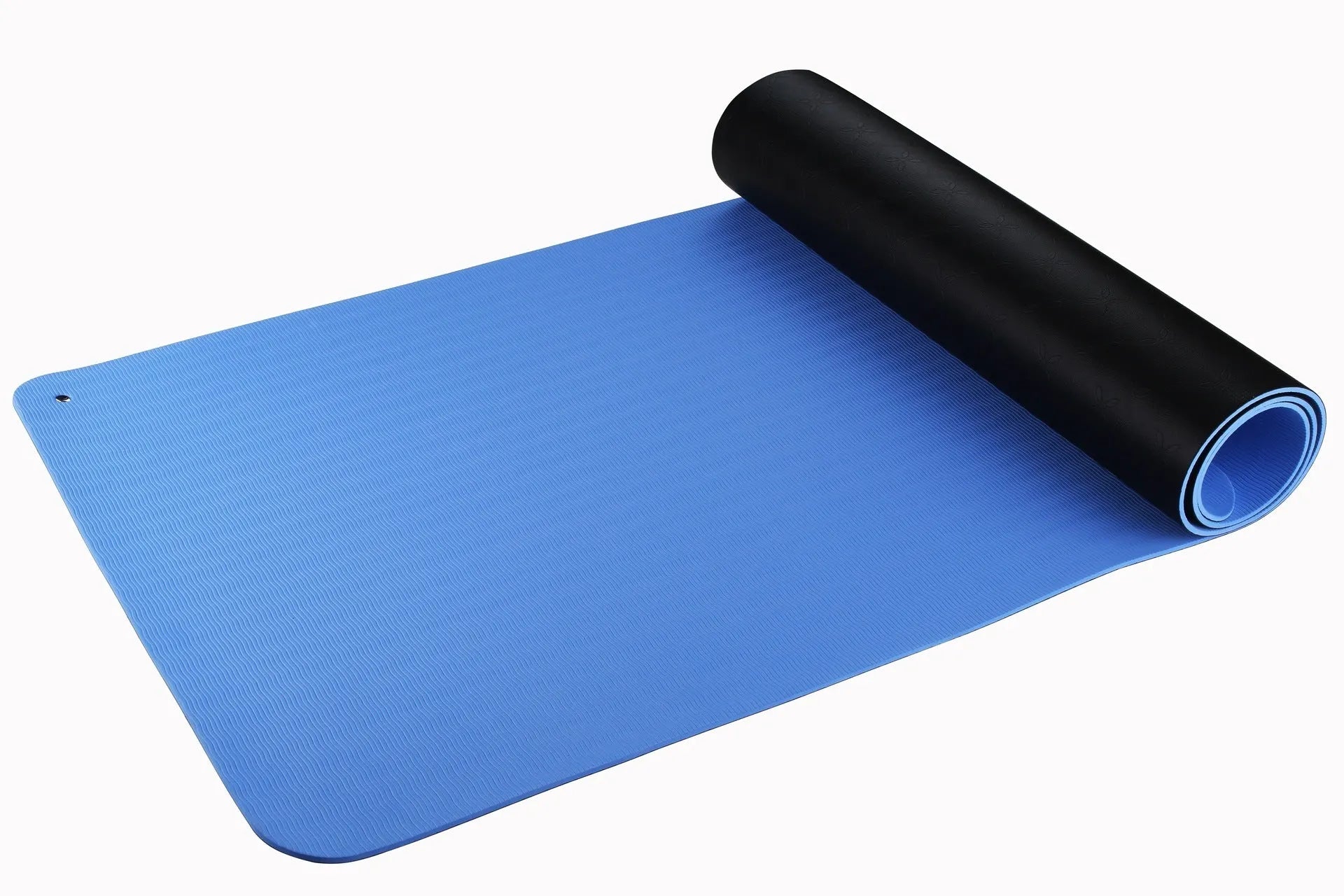 Blue conductive yoga mat with plants and flowers pattern, measuring 182x61cm with grounding wire