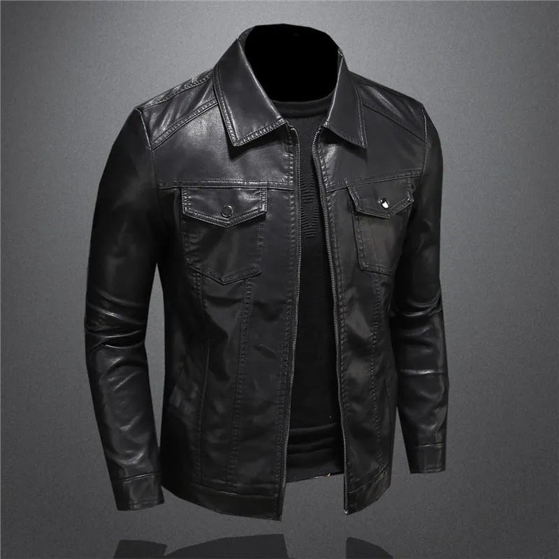 Men's black faux leather motorcycle jacket with loose fit and straight hem