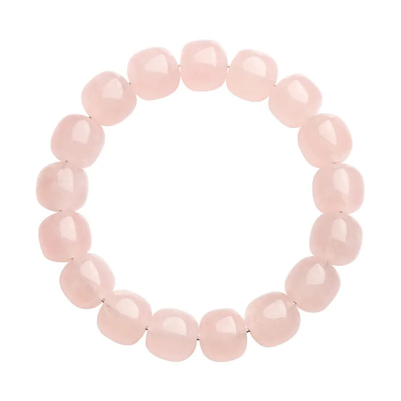 Pink natural crystal bracelet with 11-12mm geometric barrel beads and bamboo-inspired design