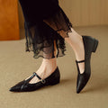 Women's brown cowhide pointed toe flat shoes with metal accents and soft sole