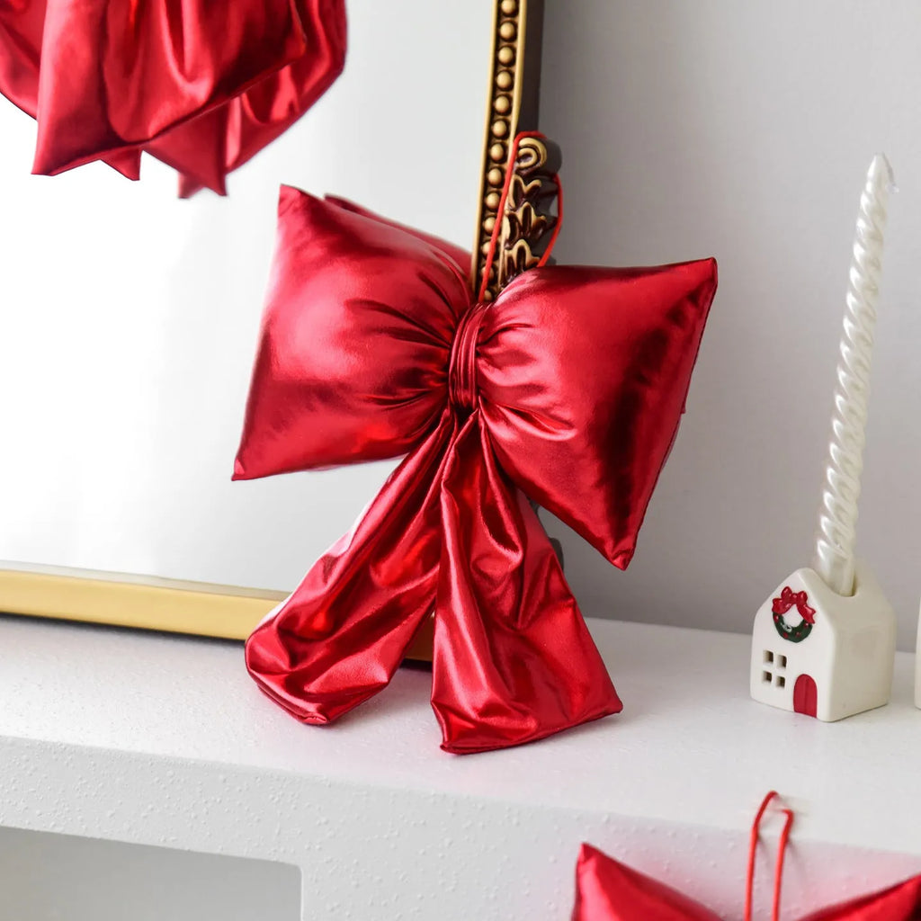Christmas decorative bowknot hanging ornament in red bright leather finish 12cm size