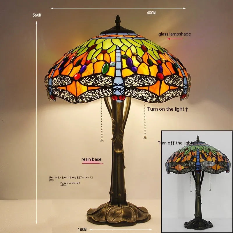 Tiffany style stone table lamp with green dragonfly motif available in 20cm 30cm and 40cm sizes for bedroom retro lighting