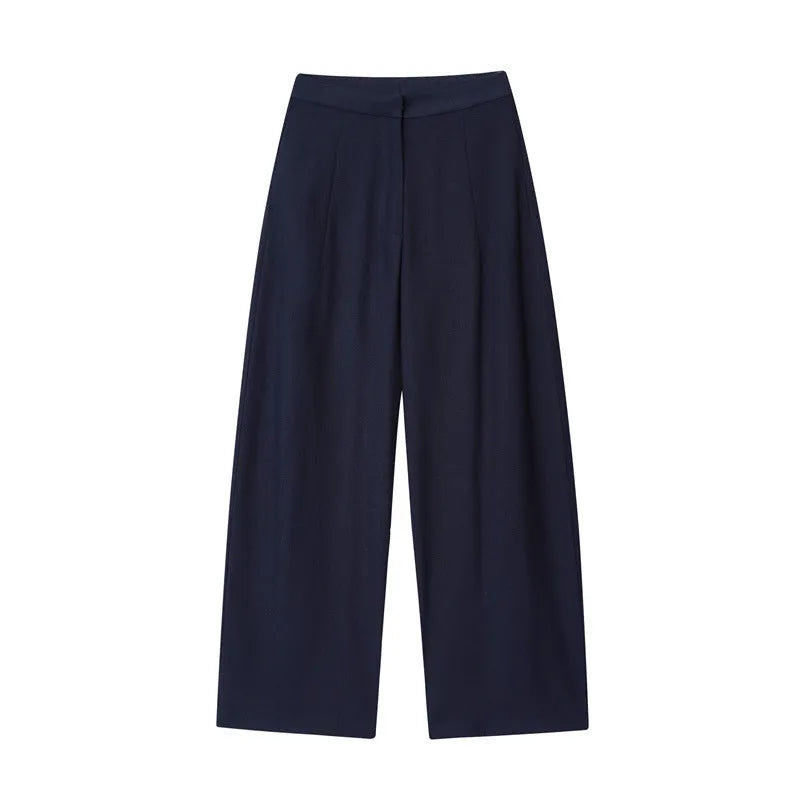 Women's linen blend off-neck shirt with flounced sleeves and wide leg trousers set for office wear