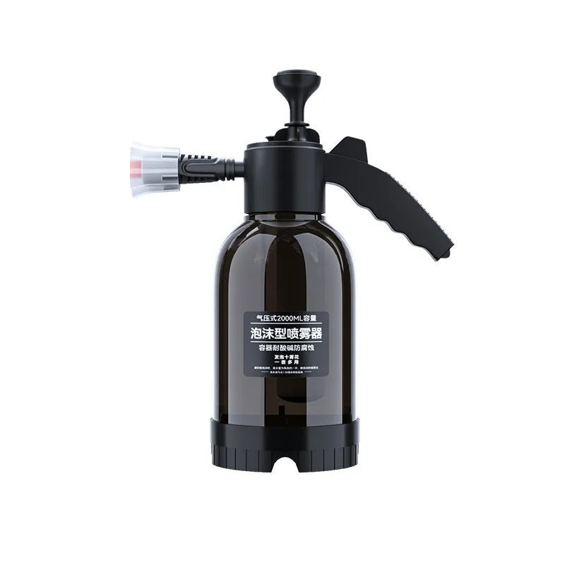 Black 2-litre hand-held foam watering can sprayer with pump handle and two nozzles