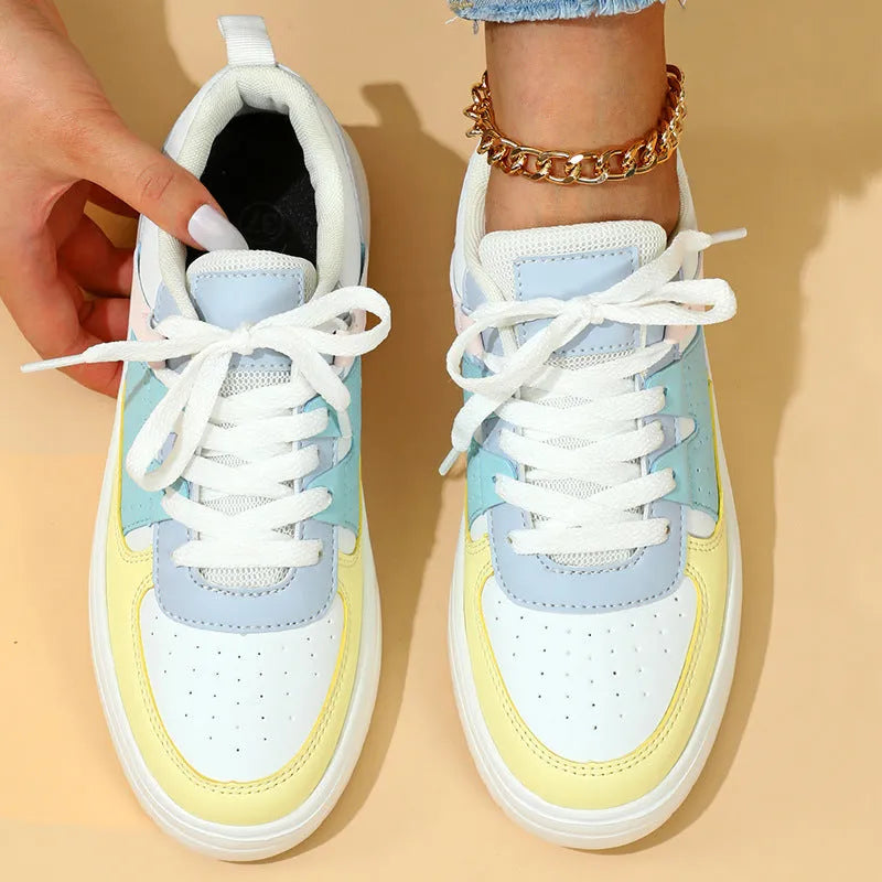 White and yellow moon platform sneakers with PU mesh upper and mid heel 3-5cm