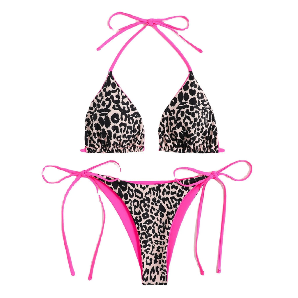 Women's lace-up triangle split bikini swimming costume with adjustable top and polyester fabric