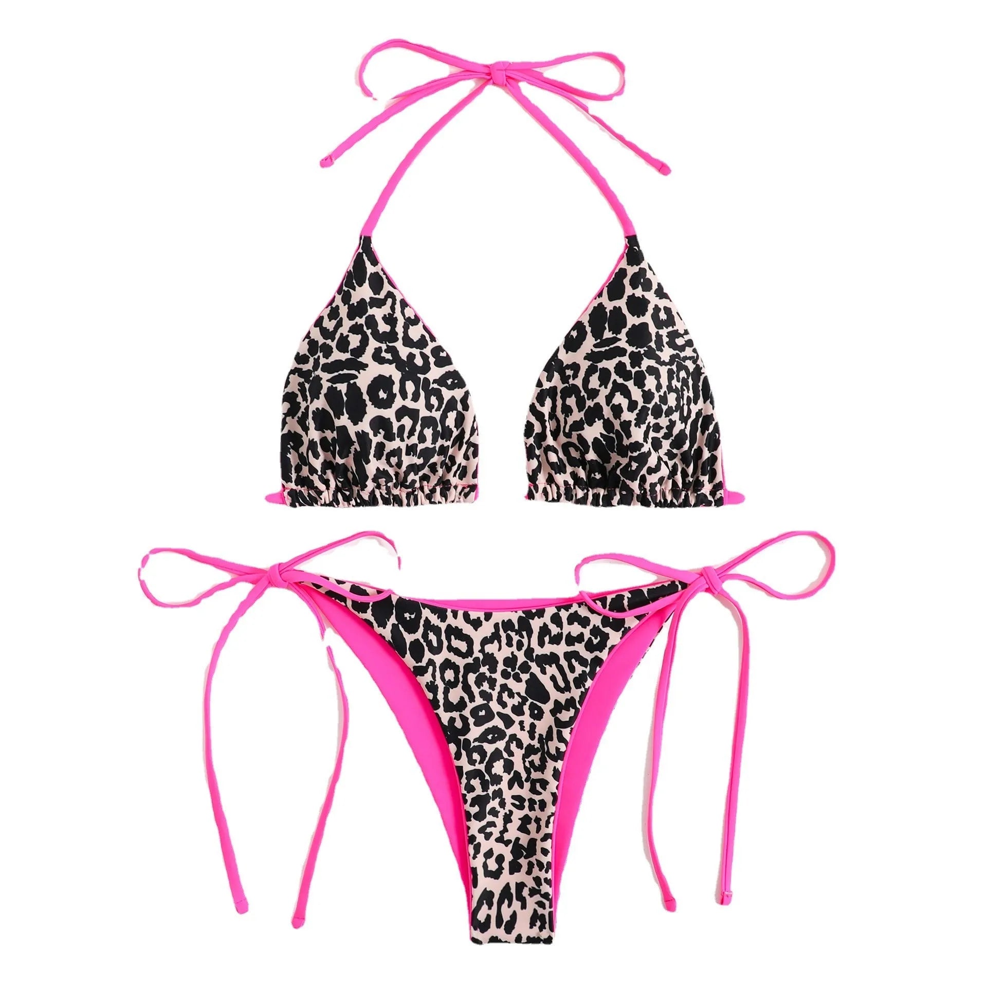 Women's lace-up triangle split bikini swimming costume with adjustable top and polyester fabric