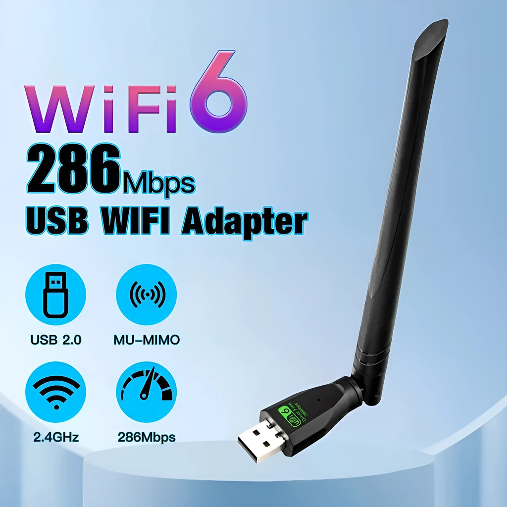 Black USB WiFi6 wireless network card adapter with instruction manual