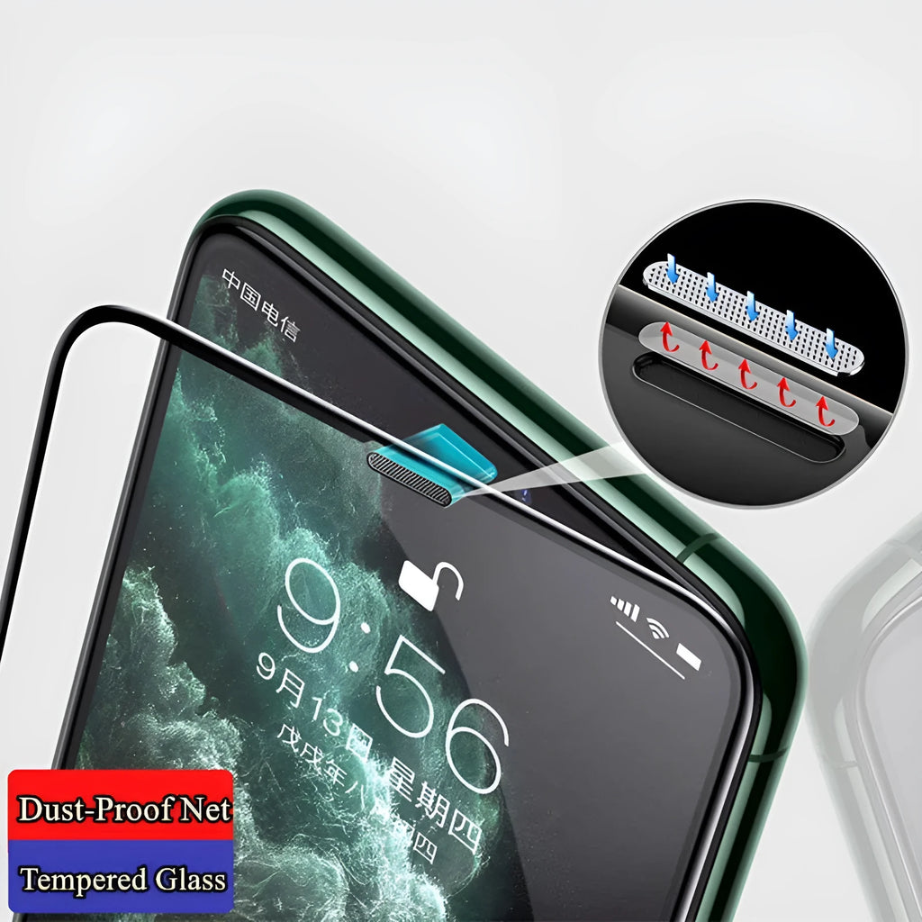 Tempered glass screen protector for iPhone on a table, showing full coverage and clarity.