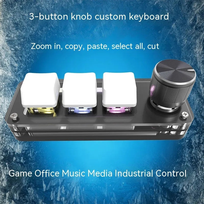 Black custom keypad with RGB backlight and copy paste buttons on desktop