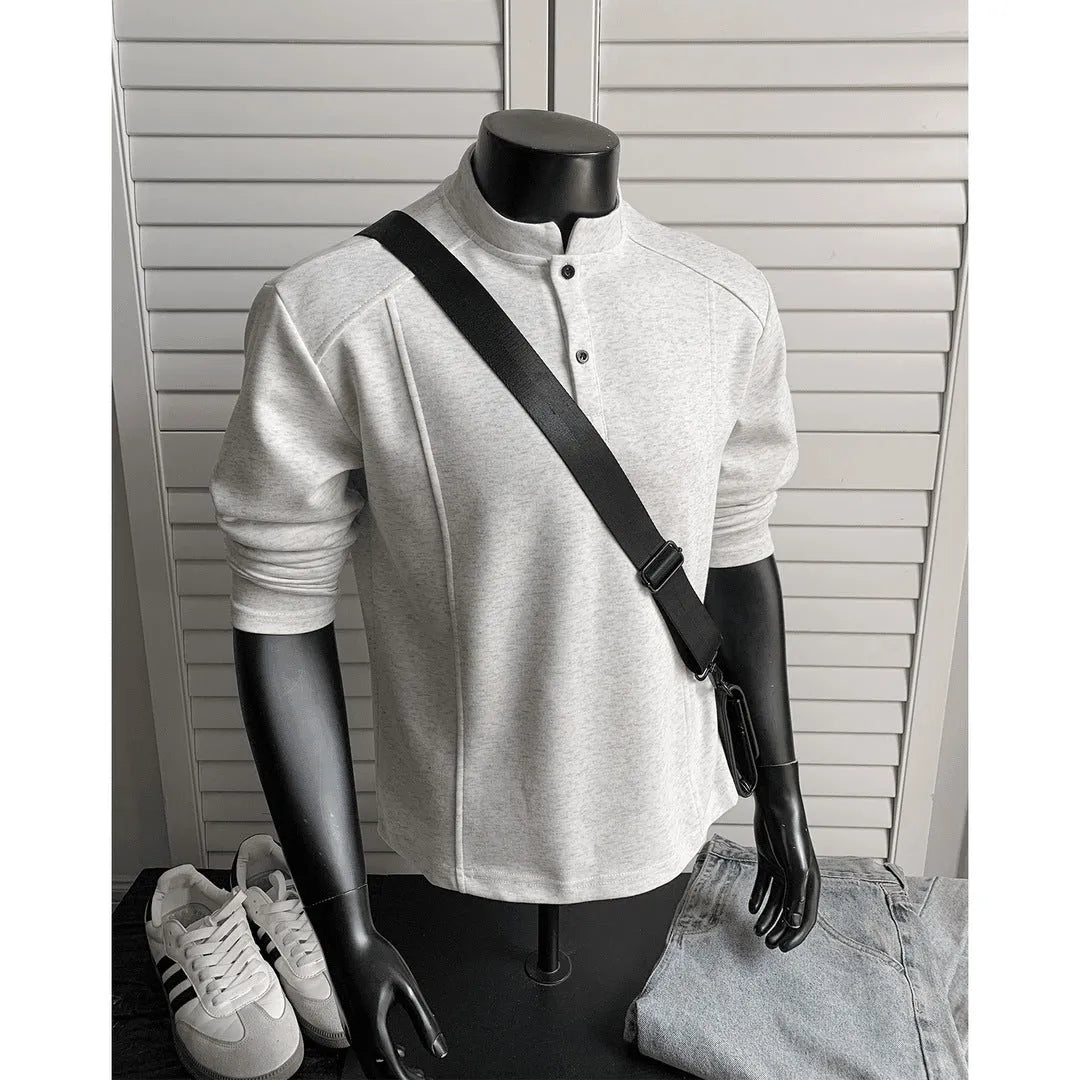 Men's patchwork stand-up collar polo shirt in Chinese cotton with asymmetric design