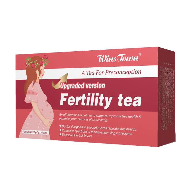 Box of fertility tea containing 3 packs with 330 herbal tea bags for preconception support